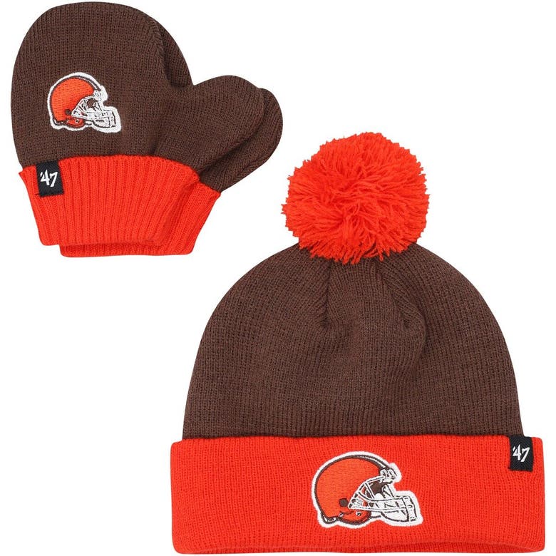 47 Babies' Infant ' Brown/orange Cleveland Browns Bam Bam Cuffed Knit Hat With Pom & Mittens Set