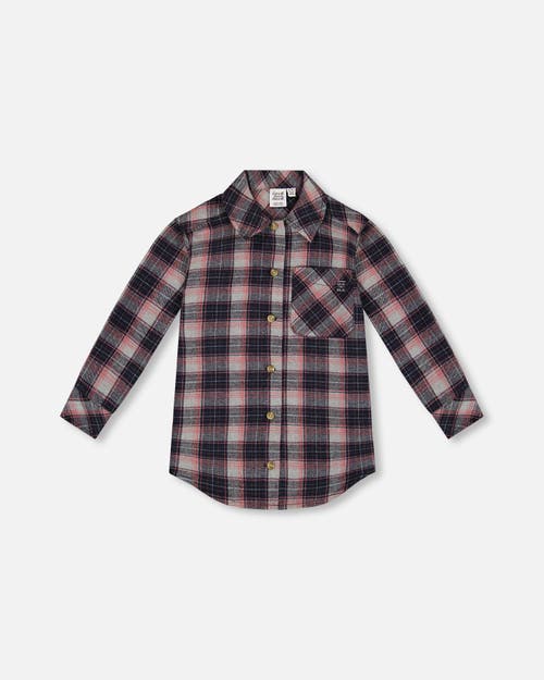 Deux Par Deux Girl's Long Sleeve Button Front Tunic Flannel Shirt Plaid Navy And Pink In Plaid Outdoor
