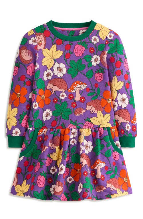 Shop Mini Boden Kids' Floral Long Sleeve Sweatshirt Dress In Purple Topaz Hedgehogs