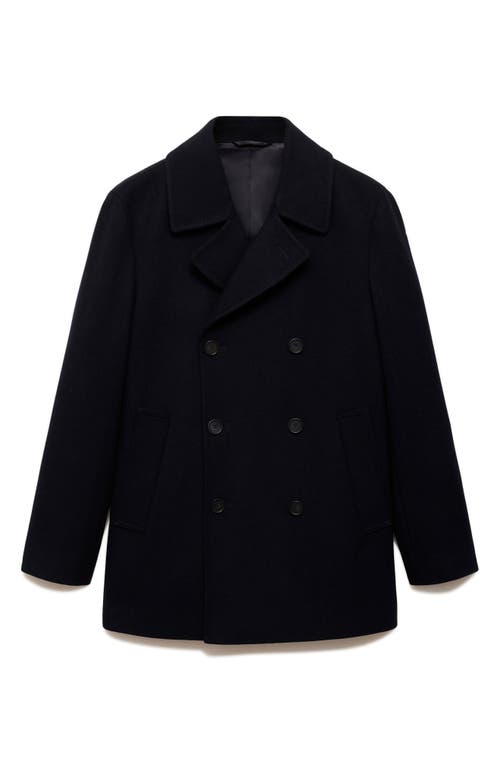 Shop Mango Double Breasted Wool Blend Coat In Dark Navy