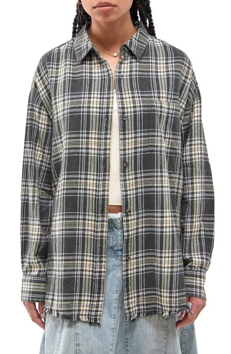 Sadie Plaid Frayed Hem Flannel Button-Up Shirt