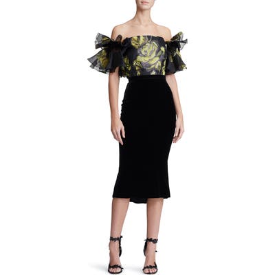 Marchesa Ruffle Off The Shoulder Mixed Media Dress, Black