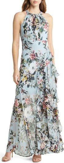 Eliza J Floral Print Halter Neck Asymmetric Hem Dress | Nordstrom