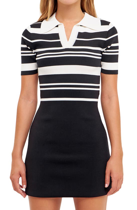 Shop English Factory Stripe Body-con Polo Sweater Dress In Black/ Ivory