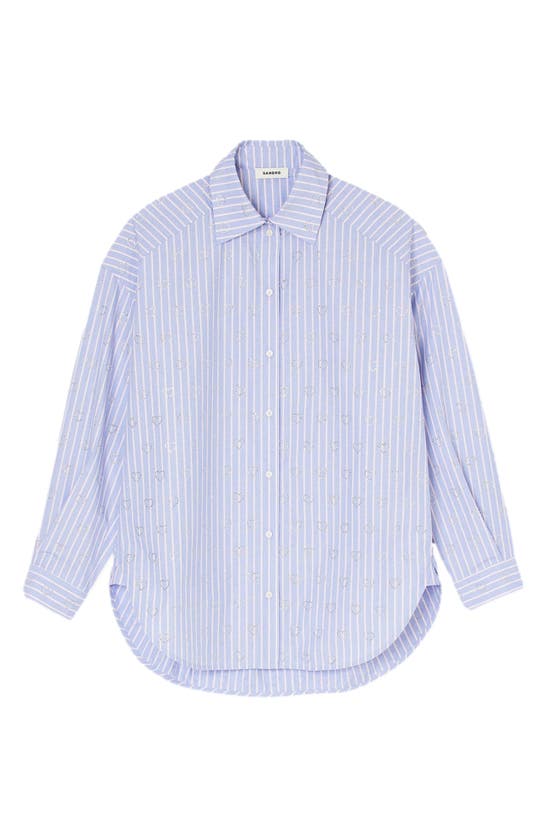 Shop Sandro Valentine Stripe Rhinestone Heart Cotton Button-up Shirt In Sky Blue