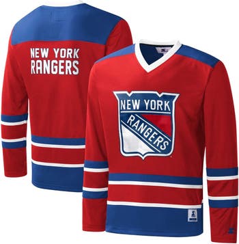 Men's Starter Red/Royal New York Rangers Cross Check Jersey V-Neck Long Sleeve T-Shirt Size: Large
