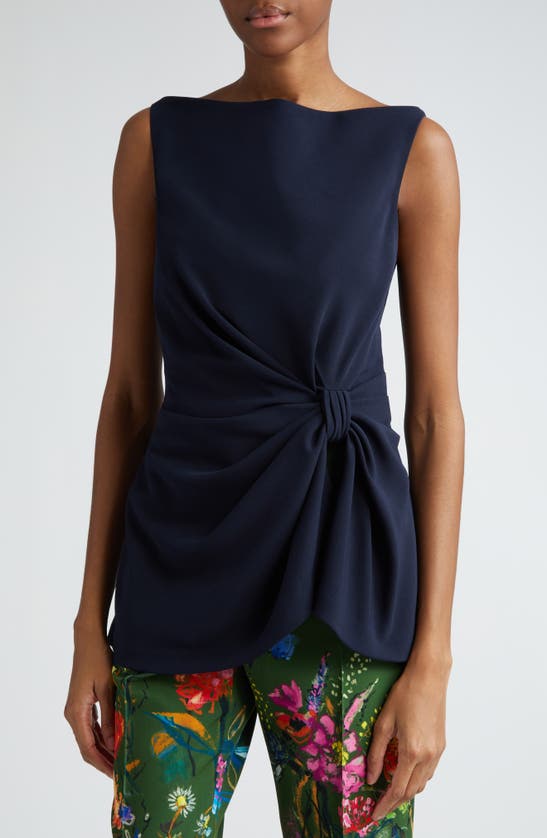 Shop Lela Rose Ruched Bateau Neck Stretch Crepe Top In Navy