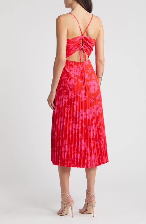 Shop Lulus Vibrant Moment Floral Pleated Midi Cocktail Dress In Red/hot Pink