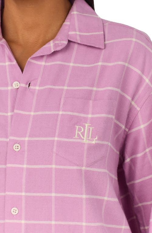 Shop Lauren Ralph Lauren Plaid Cotton Blend Herringbone Sleep Shirt In Pink Plaid