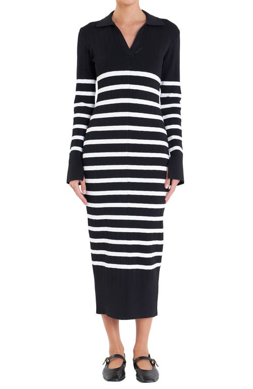 Shop English Factory Stripe Long Sleeve Midi Sweater Dress In Black/off White