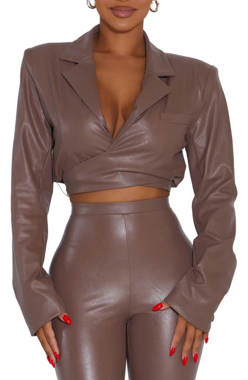 Naked Wardrobe Good Crop Wrap Faux Leather Blazer in Taupe at Nordstrom, Size X-Small