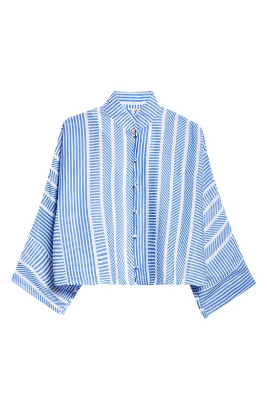 Shop La Vie Style House Stripe Cotton Crop Jacket In Blue/ White