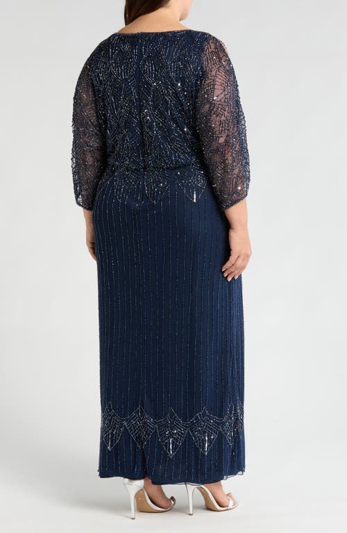 Pisarro Nights Beaded Cold Shoulder Blouson Gown In Navy 410
