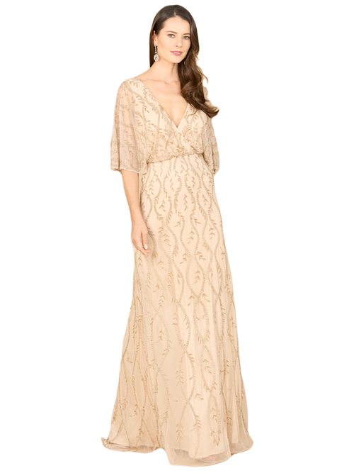 Lara New York Illusion Cape Sleeve Beaded Gown In Champagne