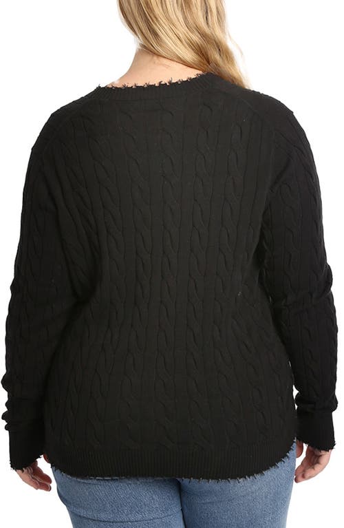 Shop Minnie Rose Frayed V-neck Cable Knit Cotton Cardigan In Black