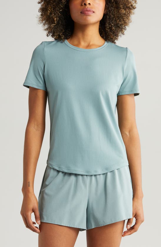 Shop Zella Motivate Perforated Crewneck T-shirt In Thunder