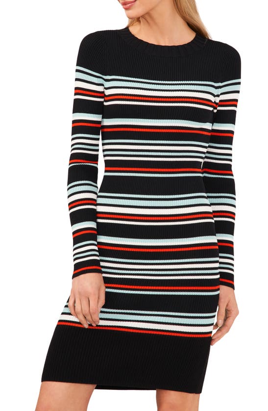 Shop Cece Stripe Long Sleeve Ribbed Sweater Dress In Rich Black