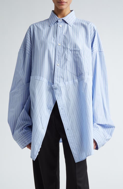 Shop Balenciaga Cut Up Stripe Asymmetric Oversize Cotton Button-up Shirt In Sky Blue/white