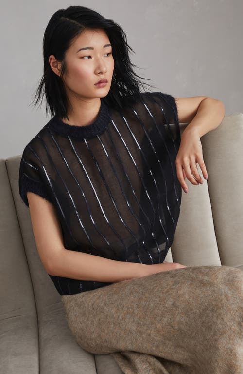 Shop Brunello Cucinelli Crispy Silk T-shirt With Dazzling Alpaca Stripes In Black