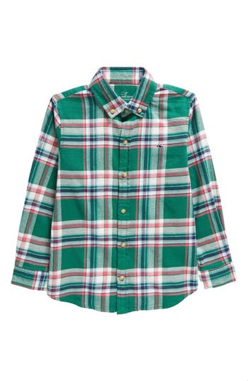 Vineyard Vines Kids' Plaid Stretch Flannel Button-down Shirt In Green