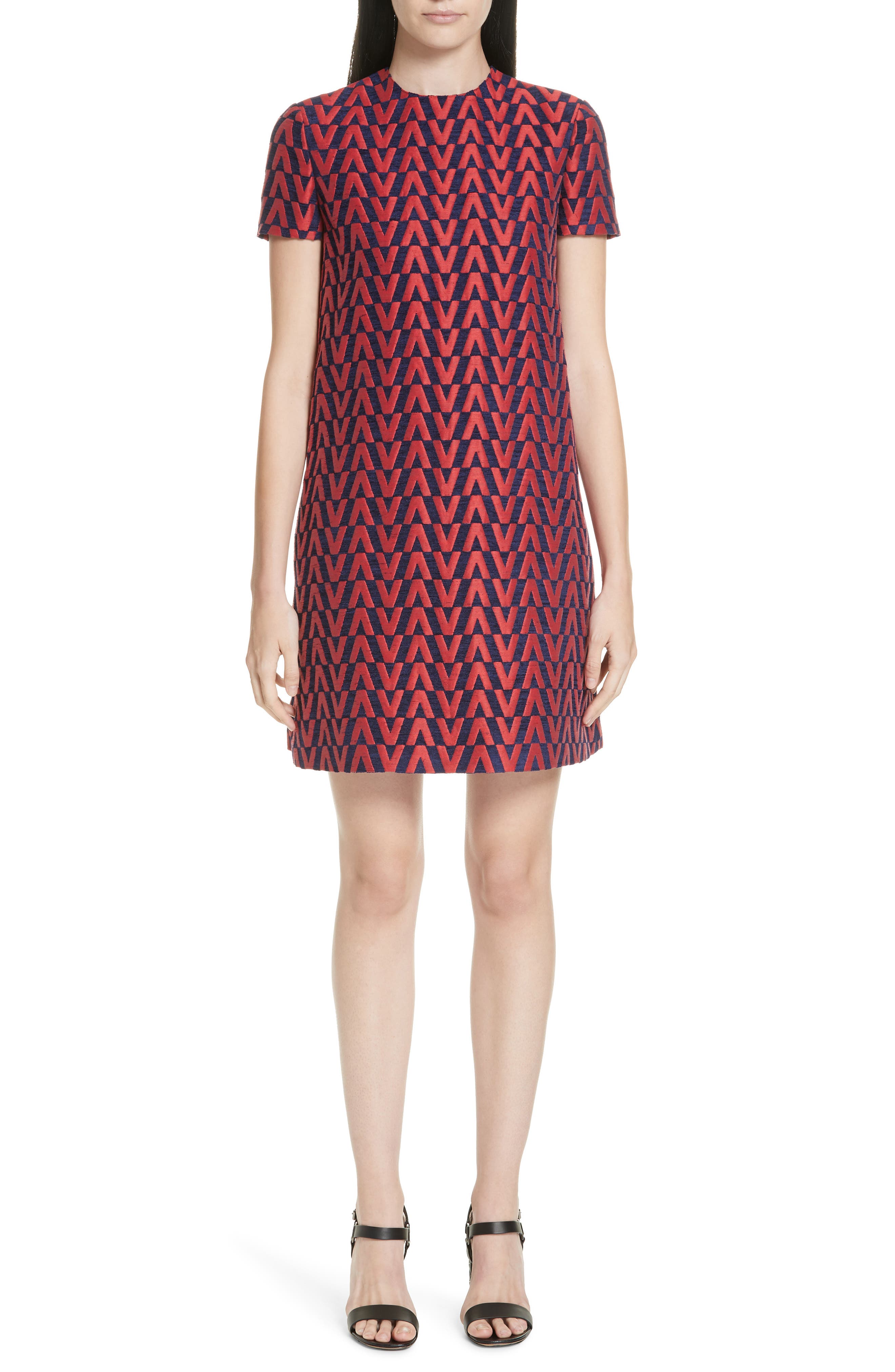 Valentino V-Logo Brocade Shift Dress, Red