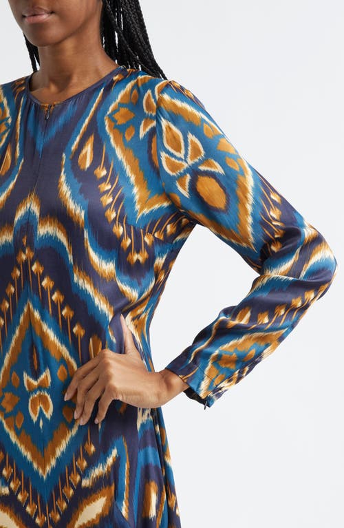 Shop Farm Rio Ikat Print Long Sleeve Satin Maxi Dress In Pineapple Ikat Blue