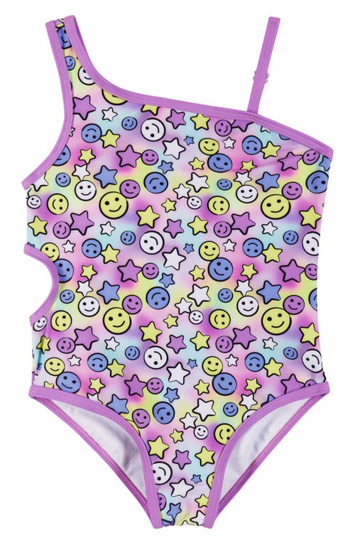 Andy & Evan Kids' Smiley Print Cutout One-Piece Swimsuit Purple at Nordstrom,