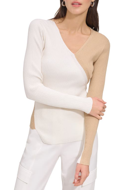 Dkny Two-tone Rib Sweater In Ivory/sandalwood