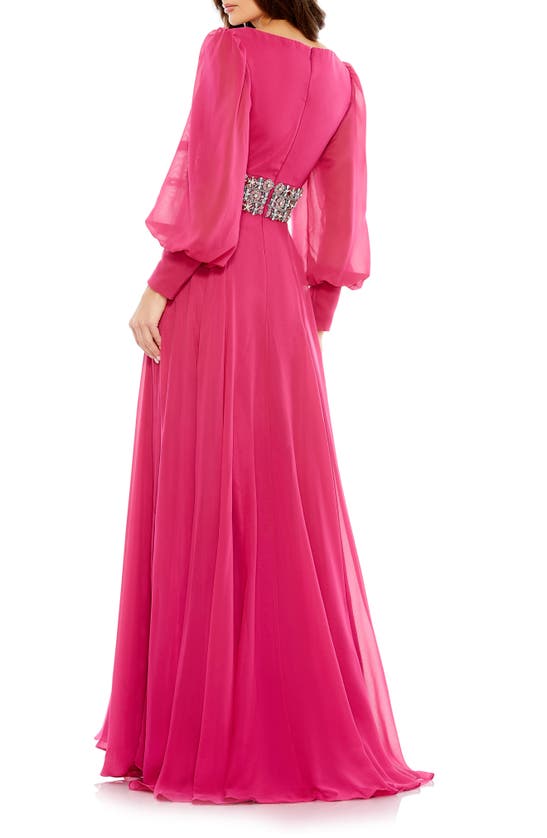 Shop Mac Duggal Belted Long Sleeve A-line Gown In Cranberry