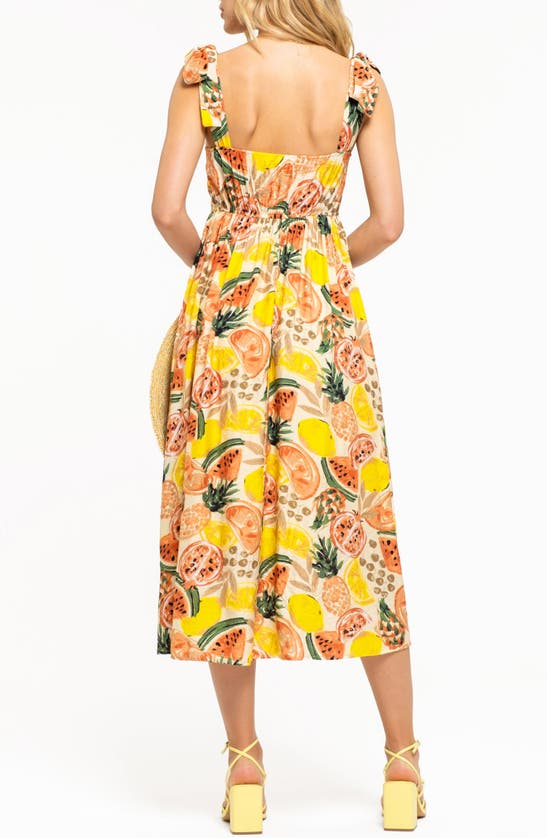 August Sky Fruit Print Tie Strap Midi Sundress In Ivory Multi