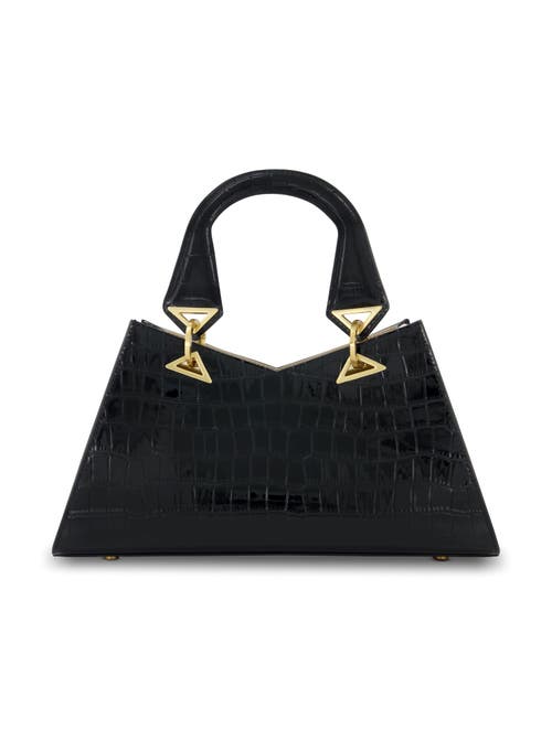 Mac Duggal Gold Plated Hardware Crocodile Embossed Leather Handbag In Black