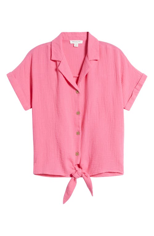 Shop Beachlunchlounge Rain Tie Front Short Sleeve Cotton Gauze Button-up Shirt In Rose Bloom