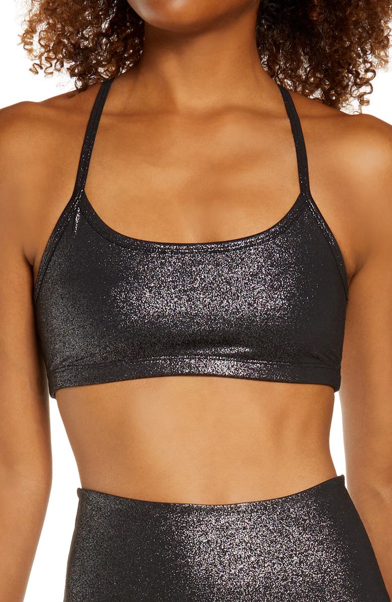 BEYOND YOGA Twinkle Slim Racerback Sports Bra, Main, color, BLACK-SILVER TWINKLE