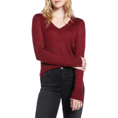 1901 V-Neck Merino Wool Blend Sweater, Red