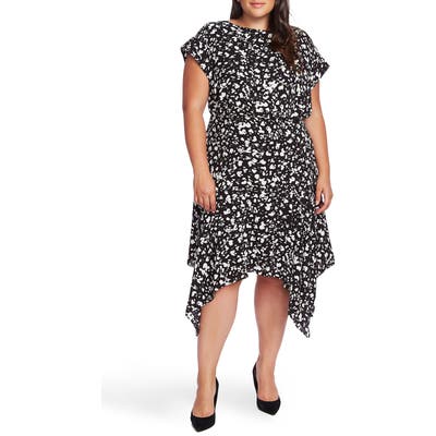 Plus Size Vince Camuto Print Handkerchief Hem Dress, Black