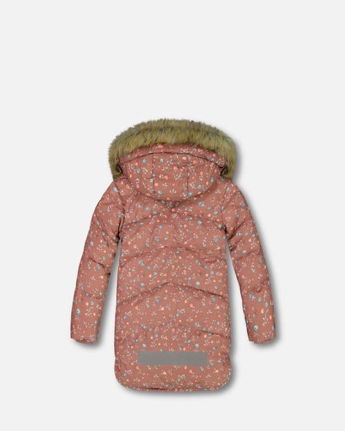 Shop Deux Par Deux Girl's Puffy Long Coat Dusty Pink With Small Flowers In Printed Vintage Mini Flowers