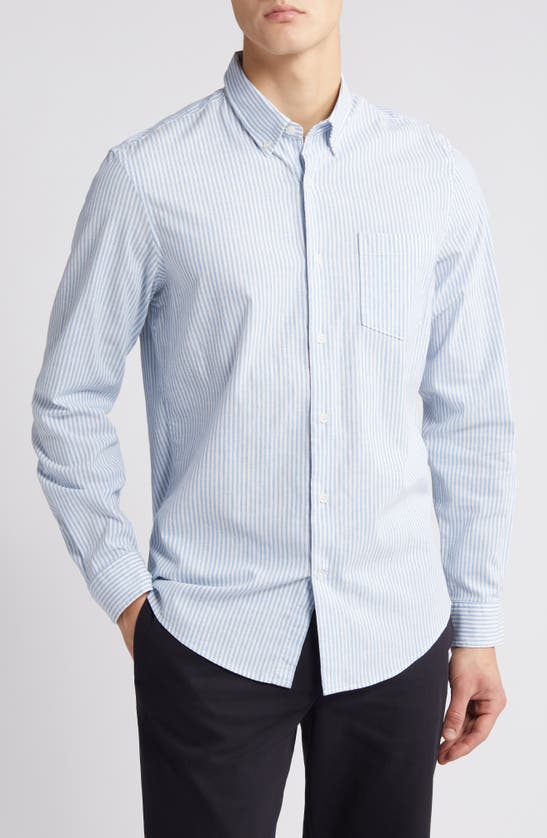 Nordstrom Trim Fit Stripe Stretch Cotton & Linen Button-down Shirt In White- Blue Bengal Stripe