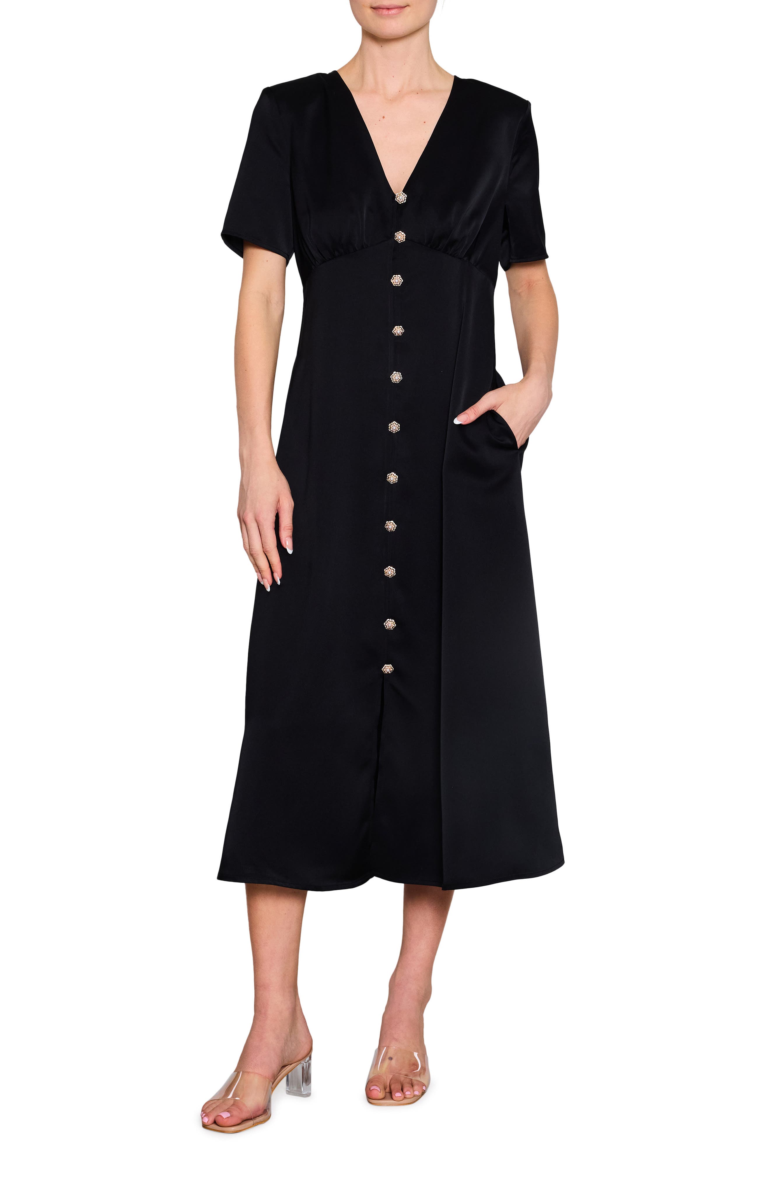 MELLODAY Crystal Button Satin Midi Dress in Black 