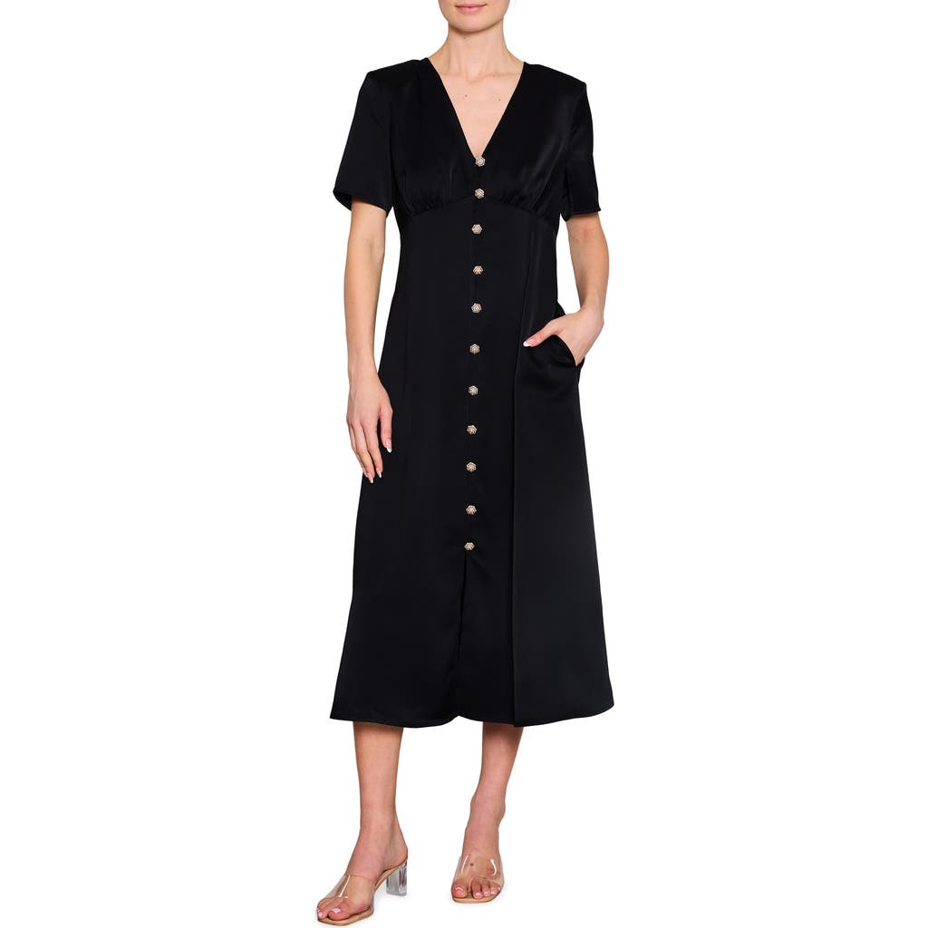 MELLODAY Crystal Button Satin Midi Dress in Black