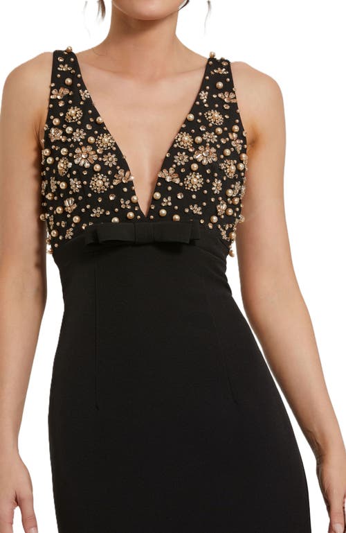 Mac Duggal Crepe Sleeveless Beaded Top With Bow V Neck Gown In Black