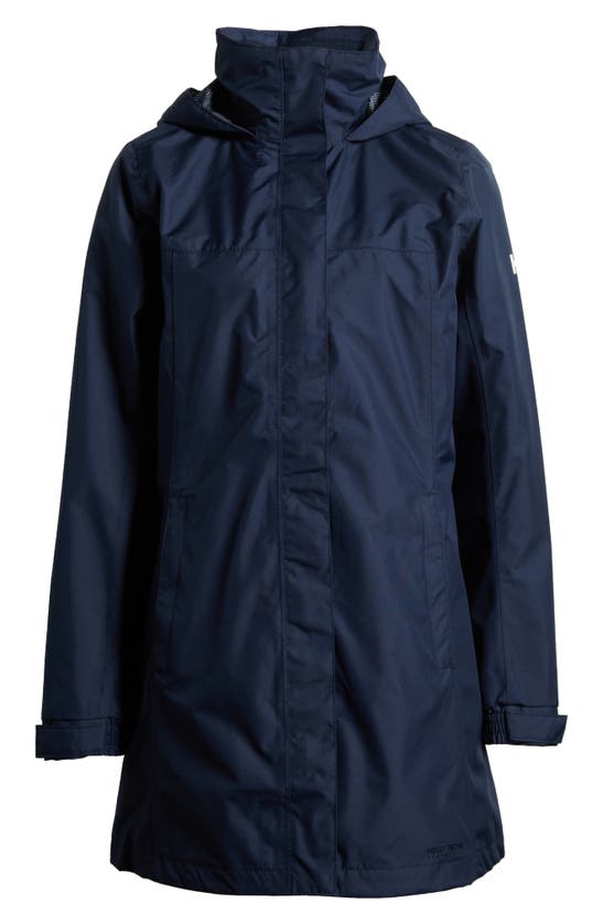 Shop Helly Hansen Aden Waterproof Hooded Longline Rain Jacket In Navy