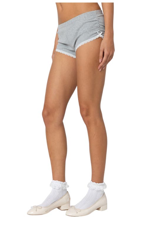 Edikted Kadence Ruched Lace Trim Shorts In Gray-melange