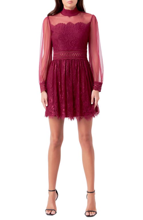 Endless Rose Mixed Lace Long Sleeve Cocktail Dress In Maroon