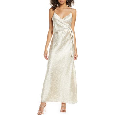 Wayf The Cooper Shadow Print Satin Faux Wrap Gown, Beige