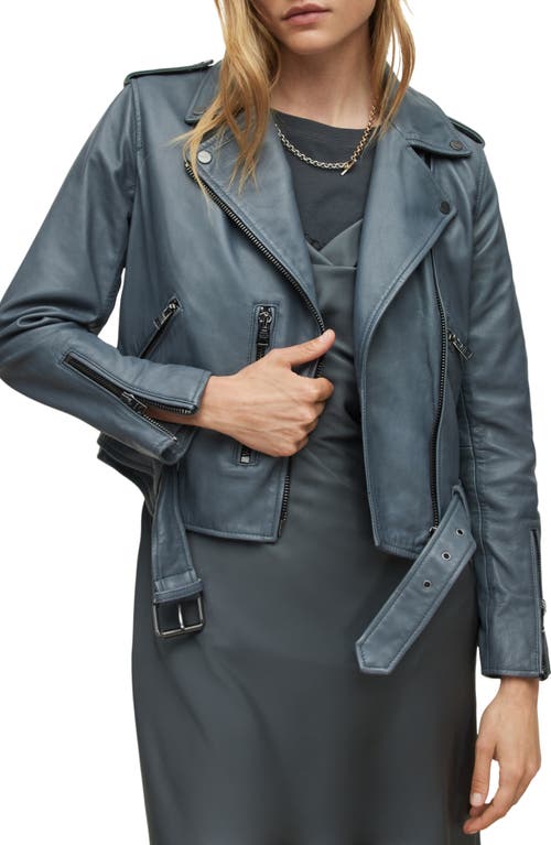 AllSaints Women's Belted Crop Leather Moto Jacket in Bluebell Blue