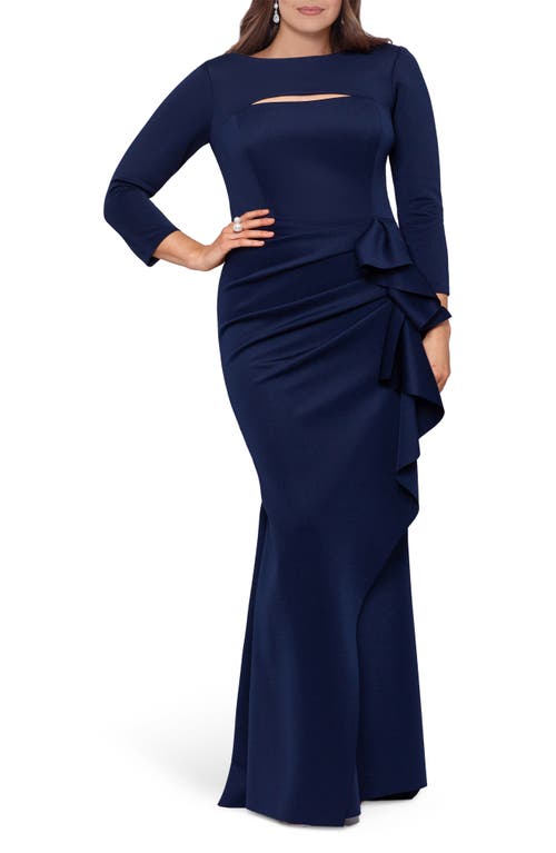 Xscape Evenings Cutout Wrap Skirt Long Sleeve Scuba Crepe Gown Midnight at Nordstrom,