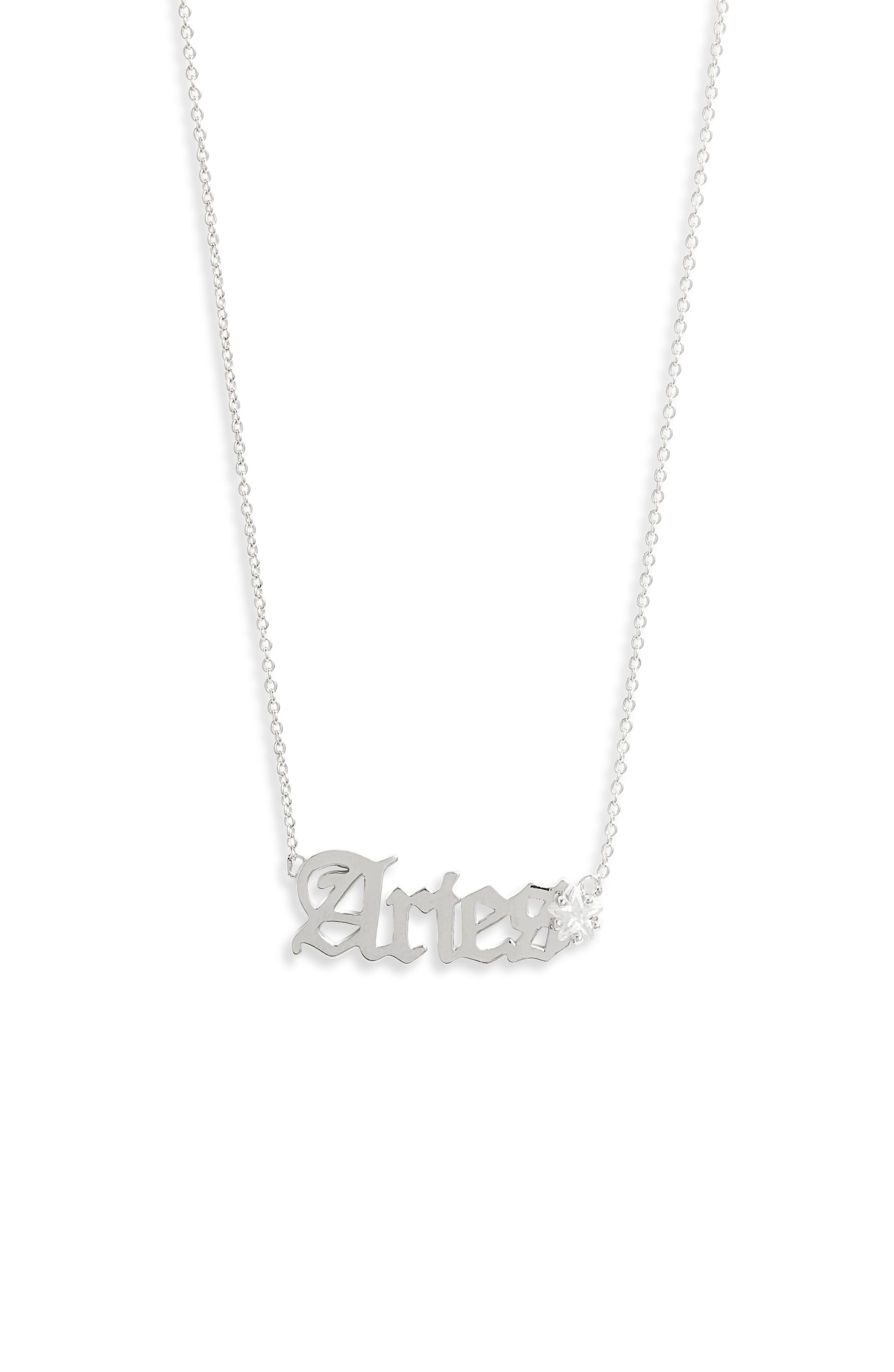 Melinda Maria Zodiac Script Pendant Necklace In Silver- Aries