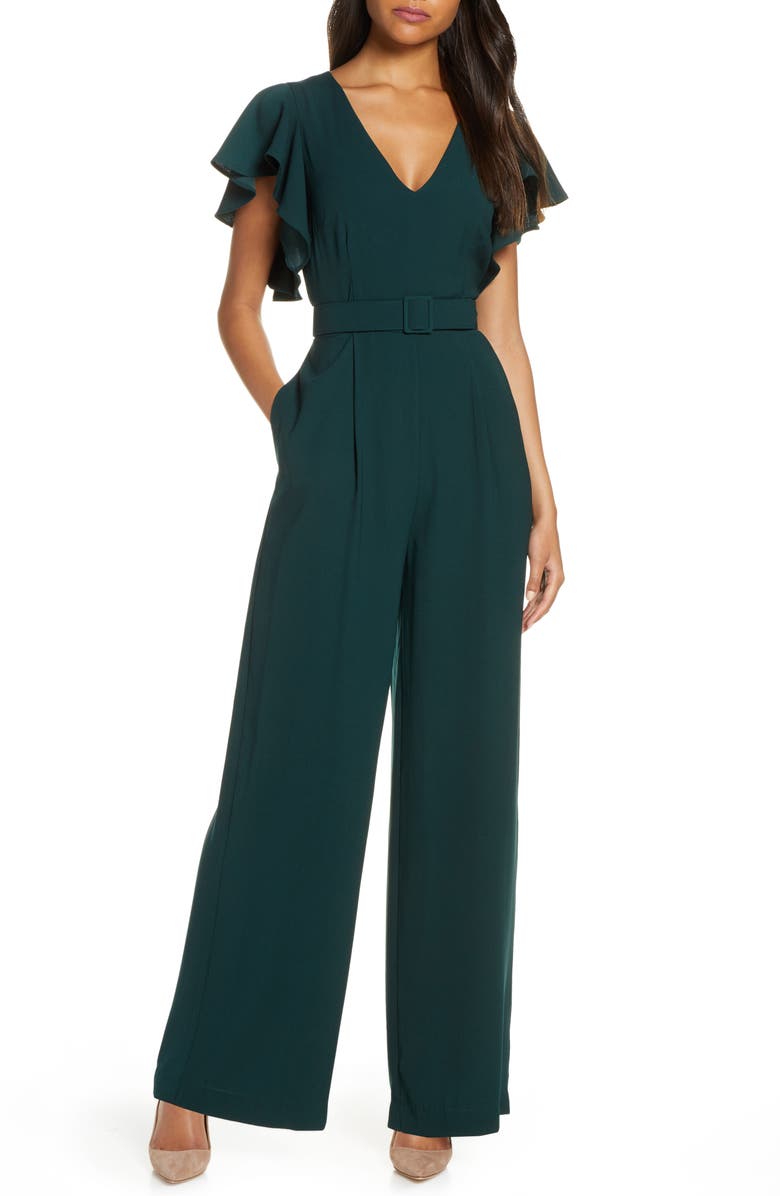 Eliza J Flutter Sleeve Belted Satin Jumpsuit, Main, color, 