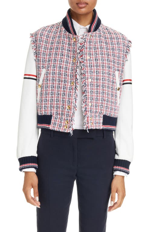 Check Tweed & Leather Varsity Jacket in Red White Blue