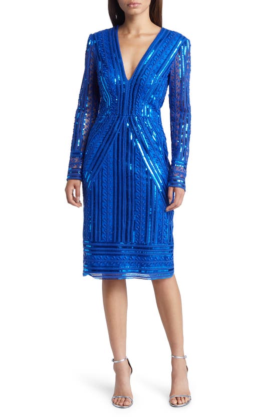 Tadashi Shoji Sequin Embroidered Long Sleeve Cocktail Dress In Lagoon